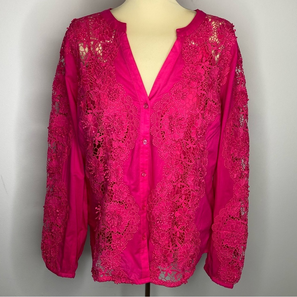 Boston Proper Pink Lace Inset Button Up Blouse - Picture 3 of 15